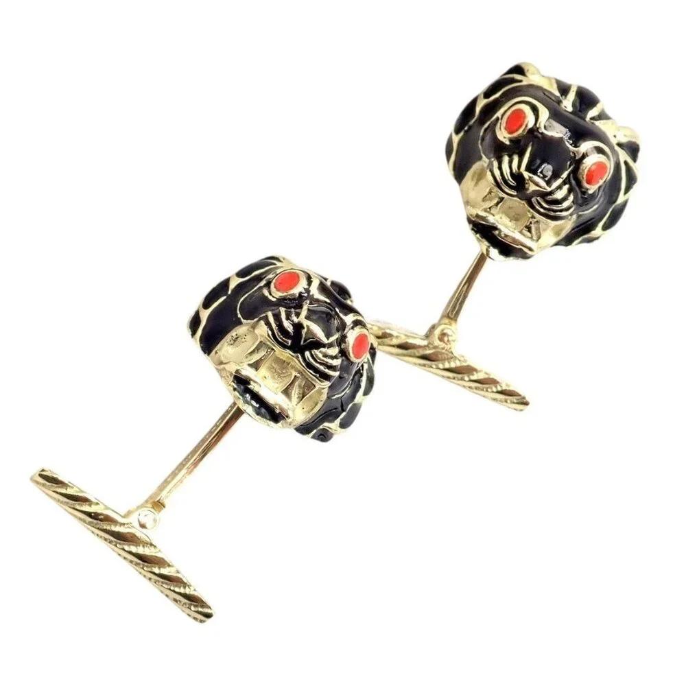 Vintage! David Webb 18k Yellow Gold Black Enamel Lion Cufflinks